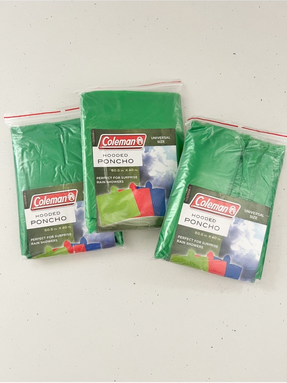 Coleman Hooded Rain Poncho 3 Pack Green NWT Camping Emergency Gear